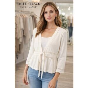 White House Black Market Cardigan Medium White Linen Blend Tie Front Knit Boho